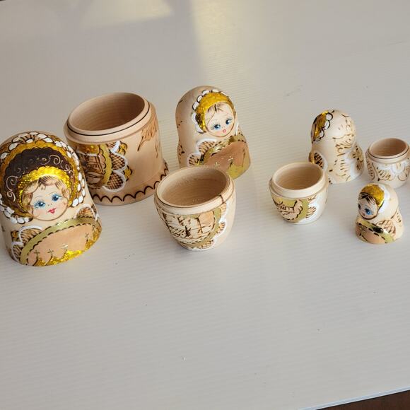 Vtg Russian Burned Wood Hand Painted Matryoshka Nesting Dolls Set of 5 Orthodox - Picture 3 of 14